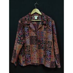 TRAVELSMITH Womens 6815 Patchwork Blouse Made in USA Long Sleeve Collared Size L